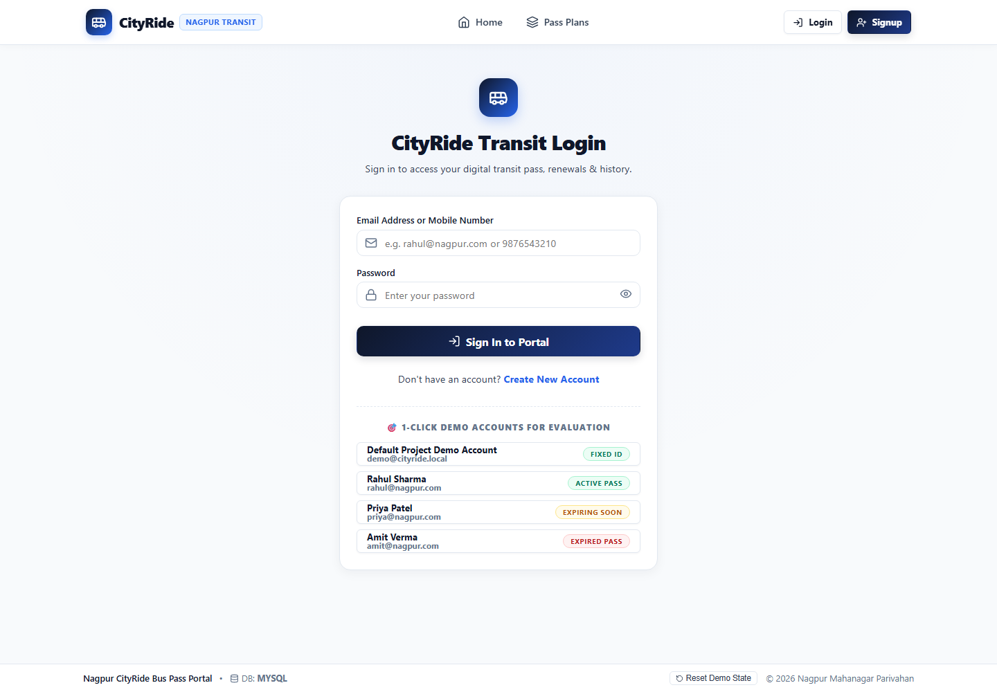 CityRide login page showing the available demo accounts